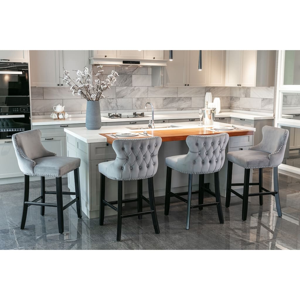 Tufting Wing-Back Barstools Set of 4, Armless Velvet Bar Chairs