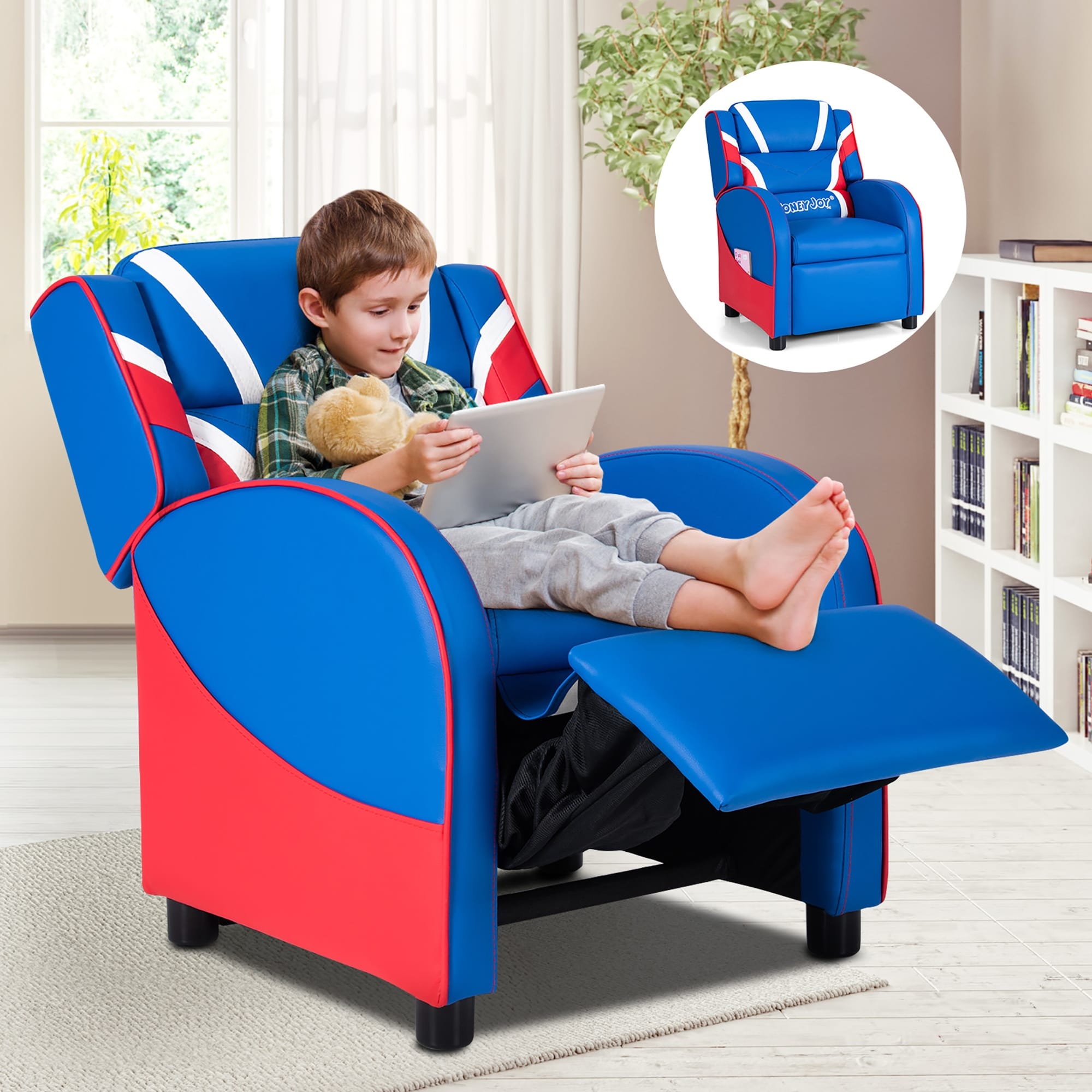 HONEY JOY Blue PU Leather Gaming Recliner Chair Single Massage