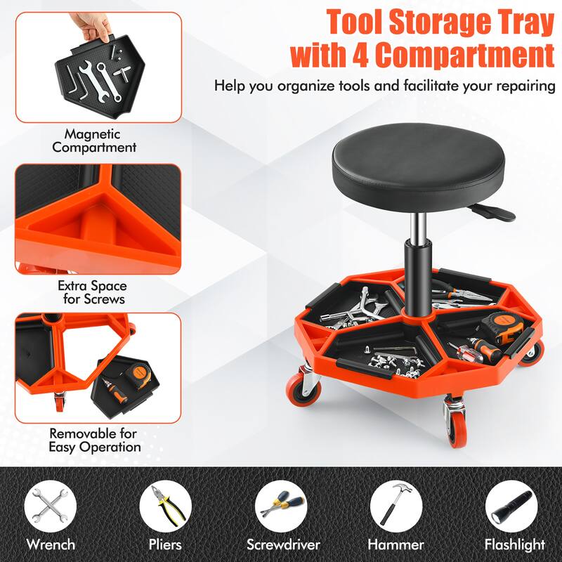 Costway Heavy-Duty Adjustable Height Rolling Stool with Tool Tray - See Details