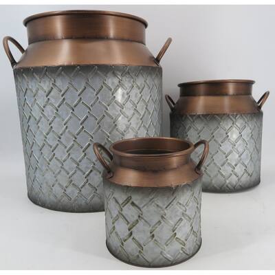 Silver Fence Pattern With Copper Colored Tops And Handles Planters (Set Of 3)