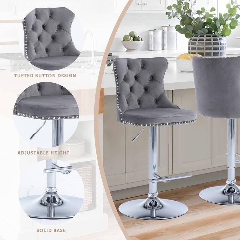 Velvet Upholstered Nailheads Tufted Swivel Bar Stools (Set of 6)