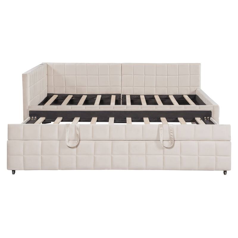 L-Shaped Upholstered Daybed with Pop Up Trundle, Checkered Tufted Sofa Bed Built-In USB Charging Ports, Full Sleeper Sofa Bed