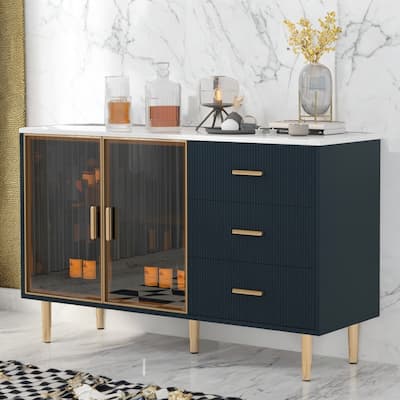 Modern Sideboard Cabinet with Glass Doors, Marble Top, Gold Metal Legs, Navy Blue