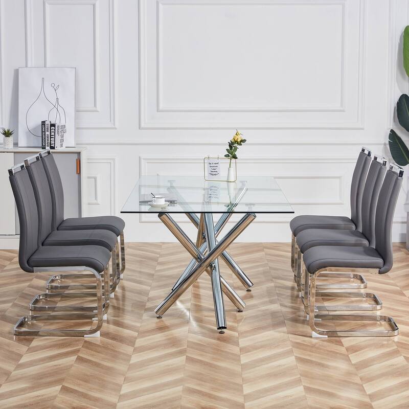 Modern PU Faux Leather High Back Dining Chairs with C-shaped Tube Chrome Metal Legs