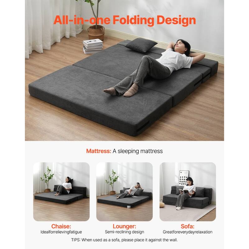 Foam Folding Sofa Bed with Ergonomic Support and Throw Pillows - 81.1” L x 60.83” W x 5.91” H