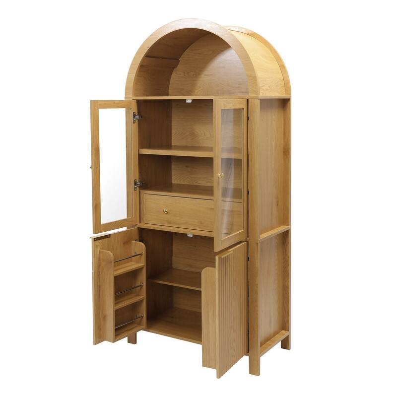 71" Tall Fluted Arched Pantry Cabinet with Glass Doors and Adjustable Shelves for Elegant Kitchen Storage