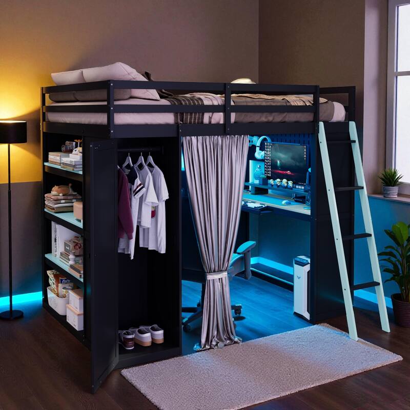 Full Size Loft Bed with Wardrobe, Desk, Shelves, Blackout Curtains & RGB Lights, Workstation with USB Port - Black Blue - Full