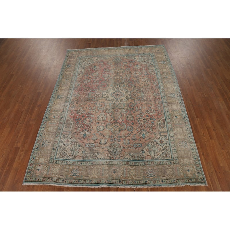 Pink Distressed Tabriz Persian Area Rug Hand-Knotted Wool Carpet - 6'8" x 9'0"