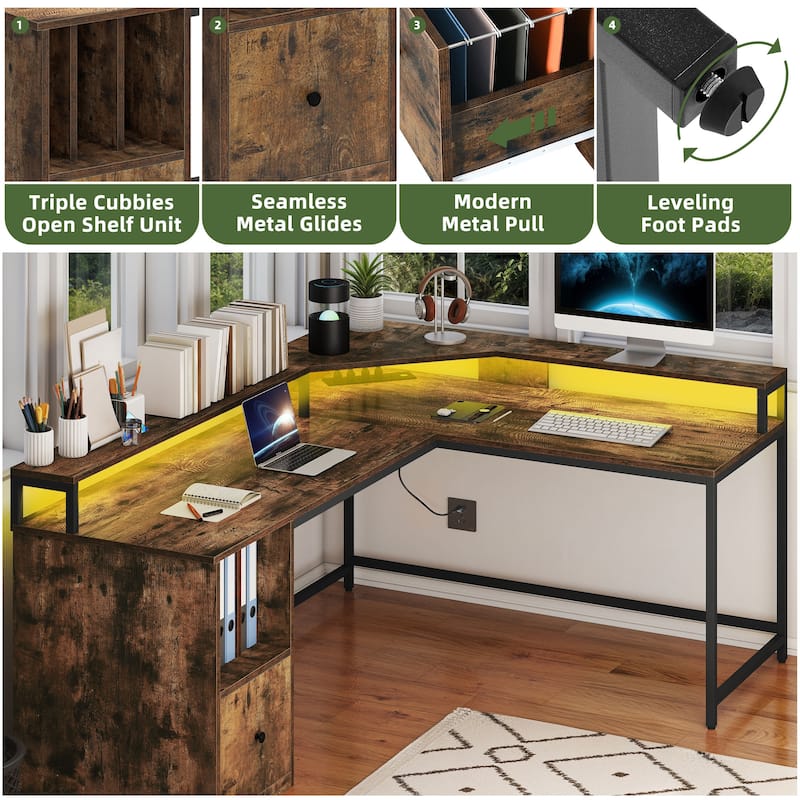 Moasis 66" L Shaped Corner LED Computer Desk with Cabinet and Power Outlets
