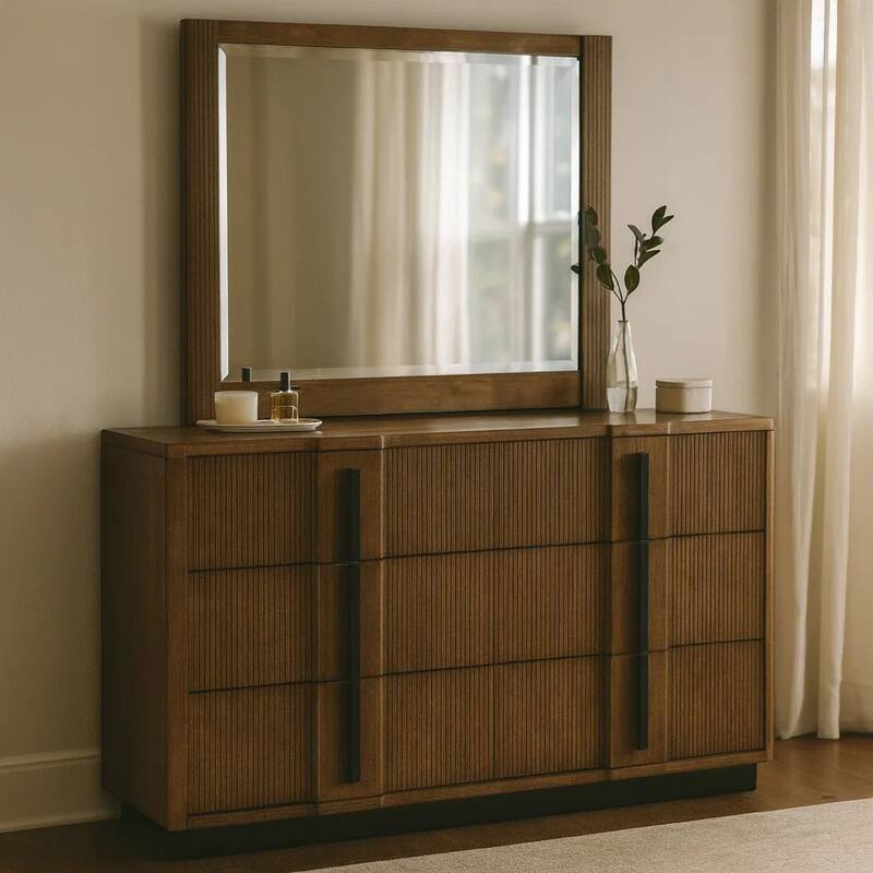 Reon Wide Dresser with Mirror, 6 Drawers, Vertical Fluting, Brown Wood