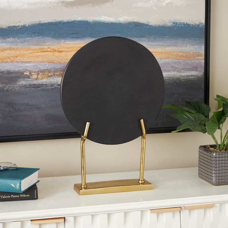Black Marble Textured Disk Abstract Sculpture with Silver or Gold Stand - Black - Gold