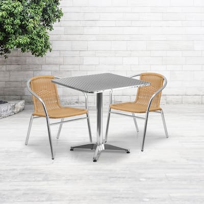 27.5'' Square Aluminum Indoor-Outdoor Table Set with 2 Rattan Chairs - 27.5"W x 27.5"D x 27.5"H - 27.5"W x 27.5"D x 27.5"H