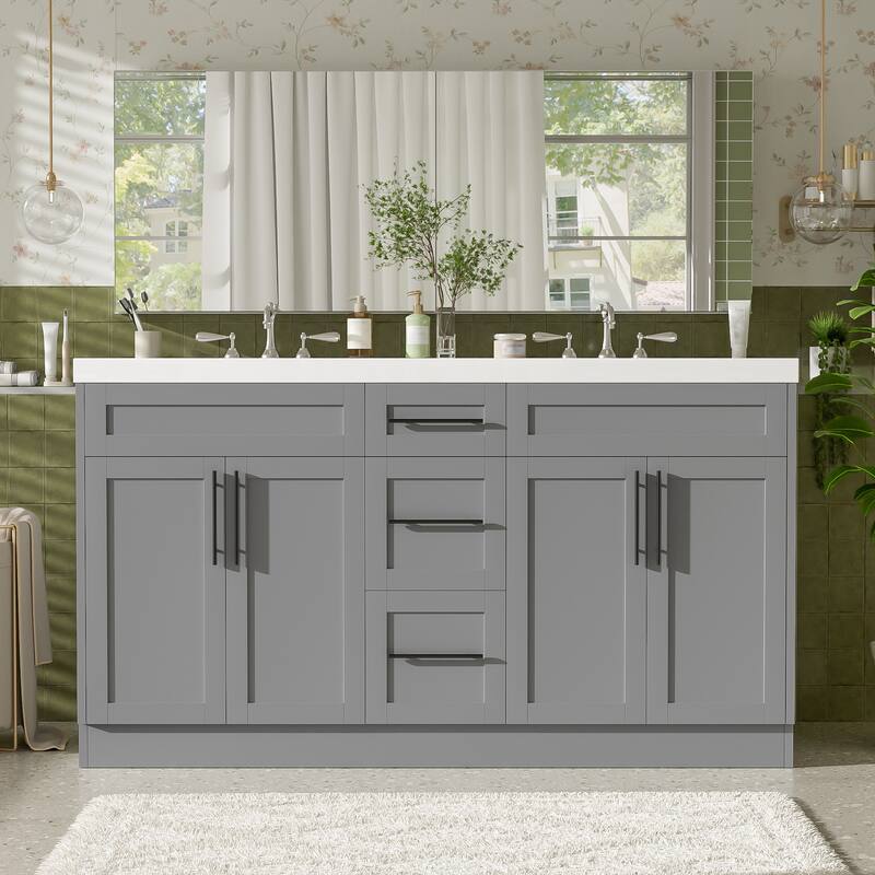 59" Double Sink Bathroom Vanity with SMC Top, Solid Wood Frame & Soft Close Doors, Gray Storage Cabinet