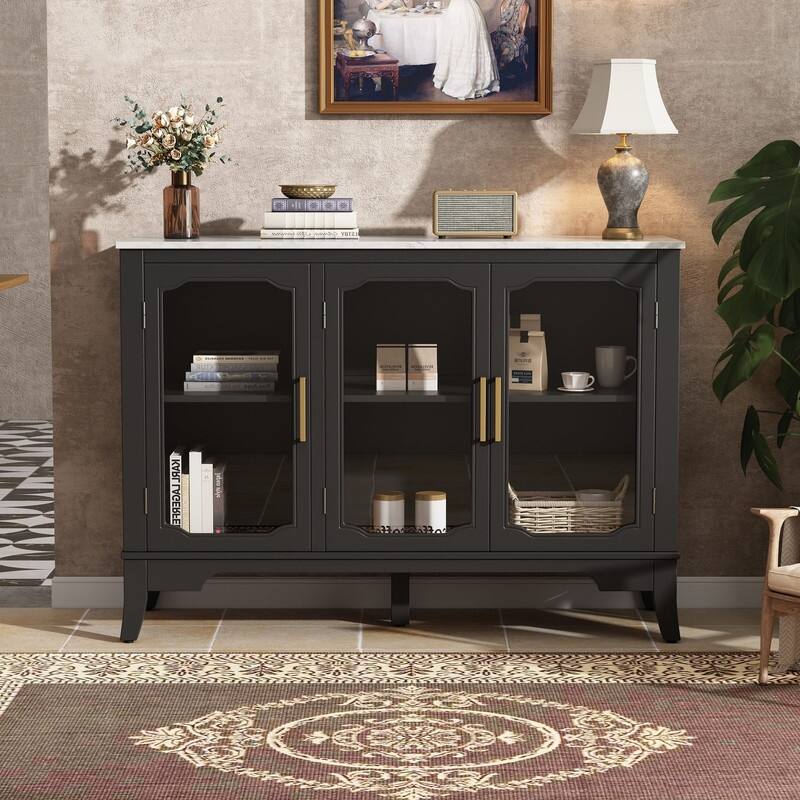 3-Doors Storage Cabinet with Large Storage Space for Living Room and Dining Room Storage - Black
