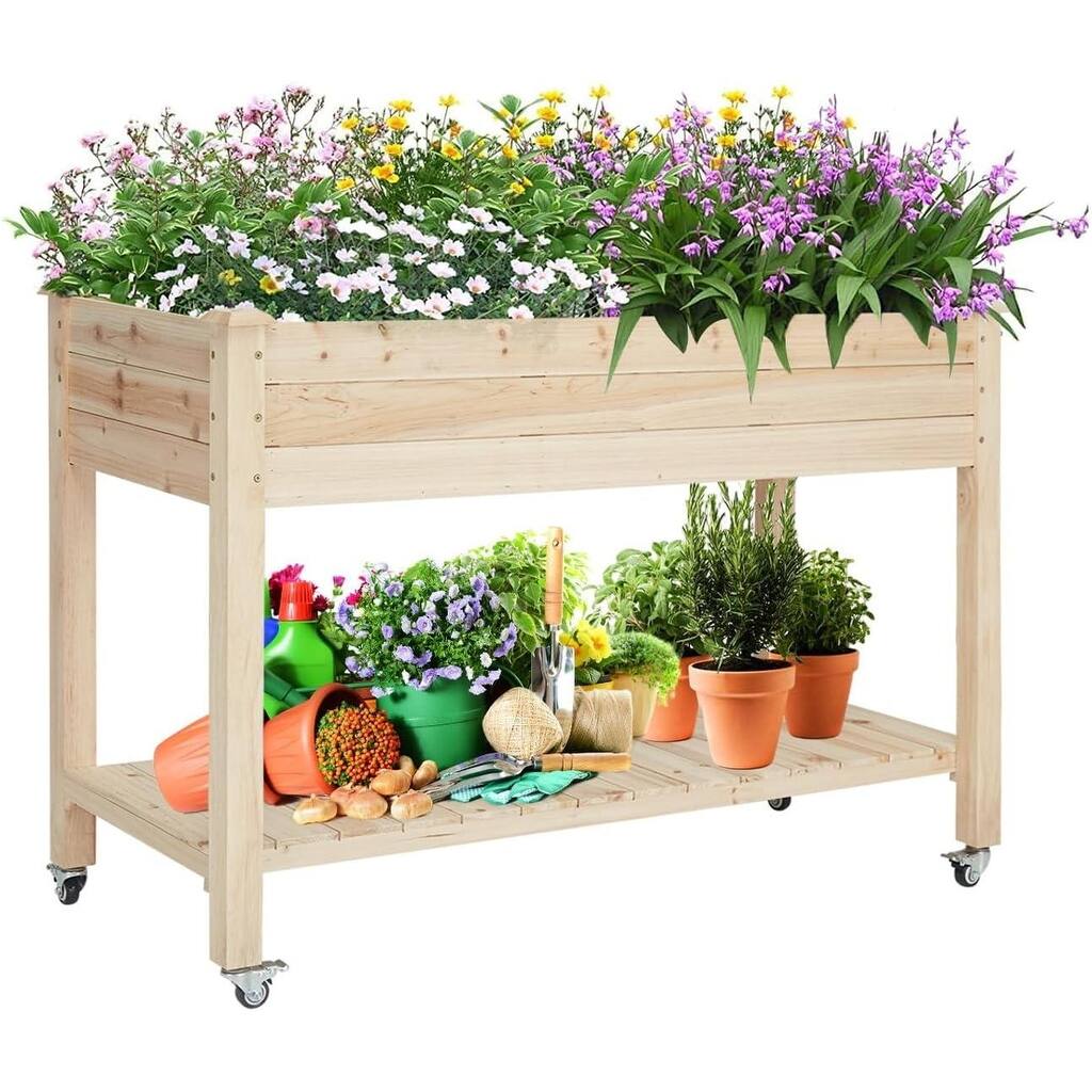 kinbor Outdoor Raised Garden Bed-Elevated Wood Planter w/Lockable Wheels and Storage Shelf for Garden to Grow Herbs Flowers