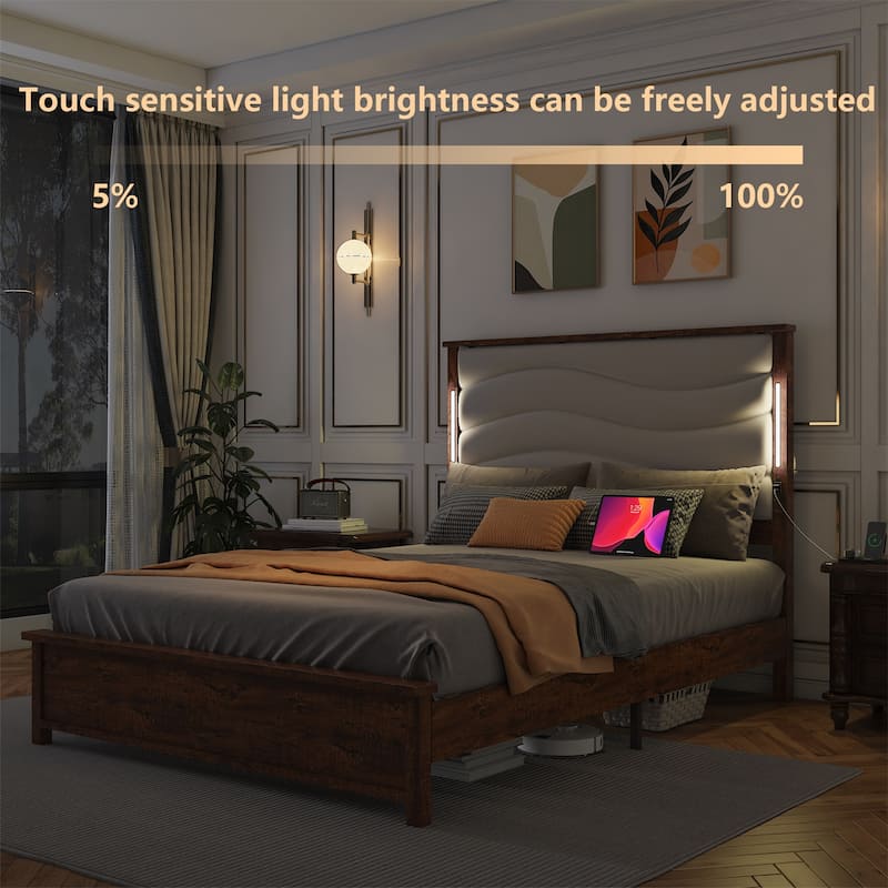 King Size Bed Frame with Upholstered Headboard, Charging Station