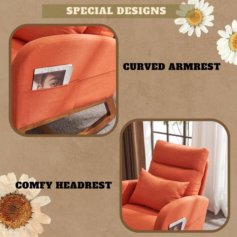Accent Rocking Chair, Upholstered Nursery Glider Rocker, Orange and White