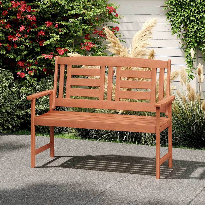 Patio Wood Bench Garden Armrest Loveseat with Inclined Backrest