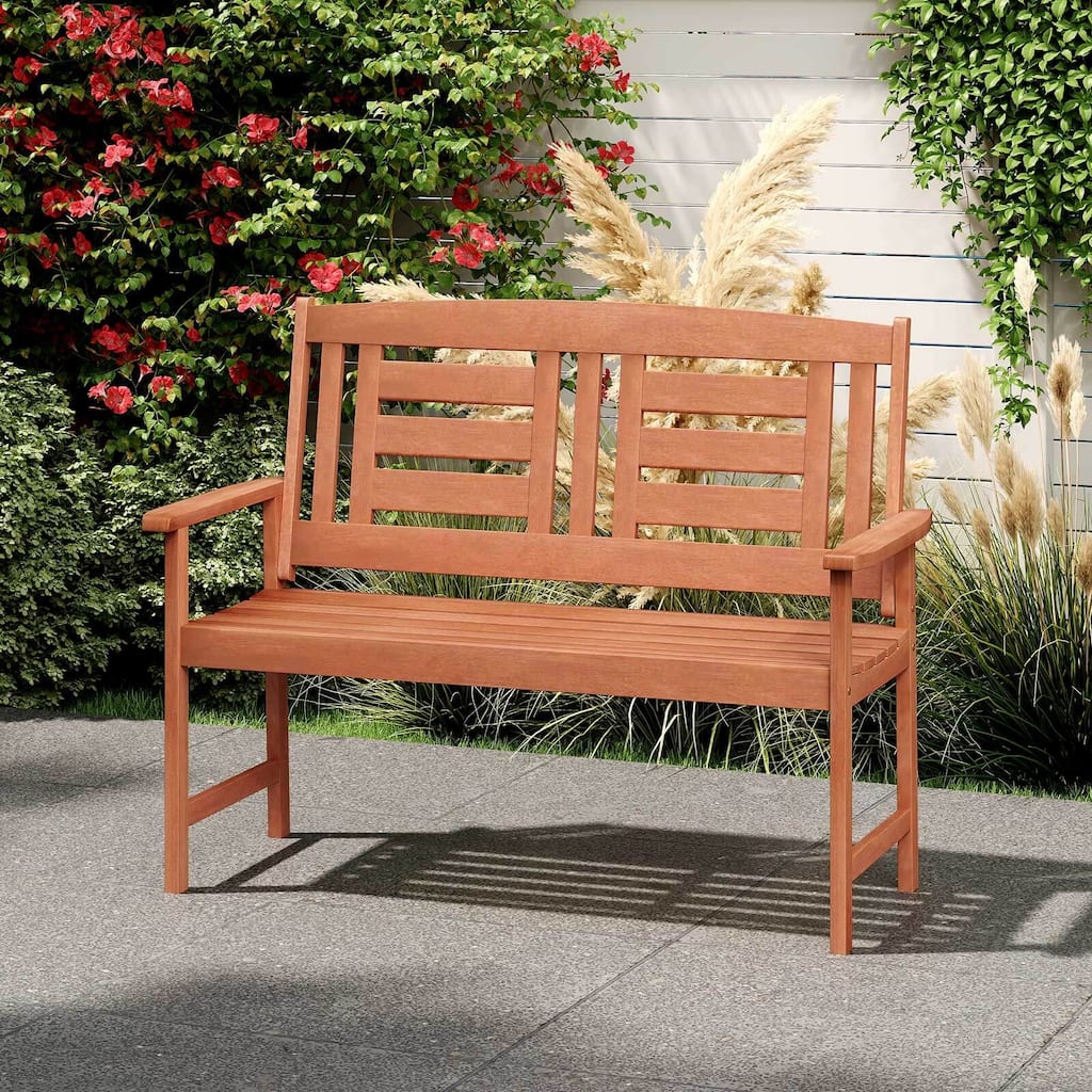 Patio Wood Bench Garden Armrest Loveseat with Inclined Backrest