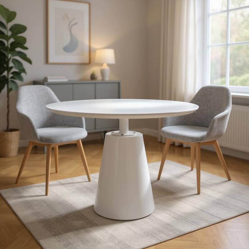 HomeRoots 36" White Wood and Metal Pedestal Base Round Top Dining Table - 36.00 in. x 30.00 in. x 36.00 in. - White - 36.00 in. x 30.00 in. x 36.00 in.