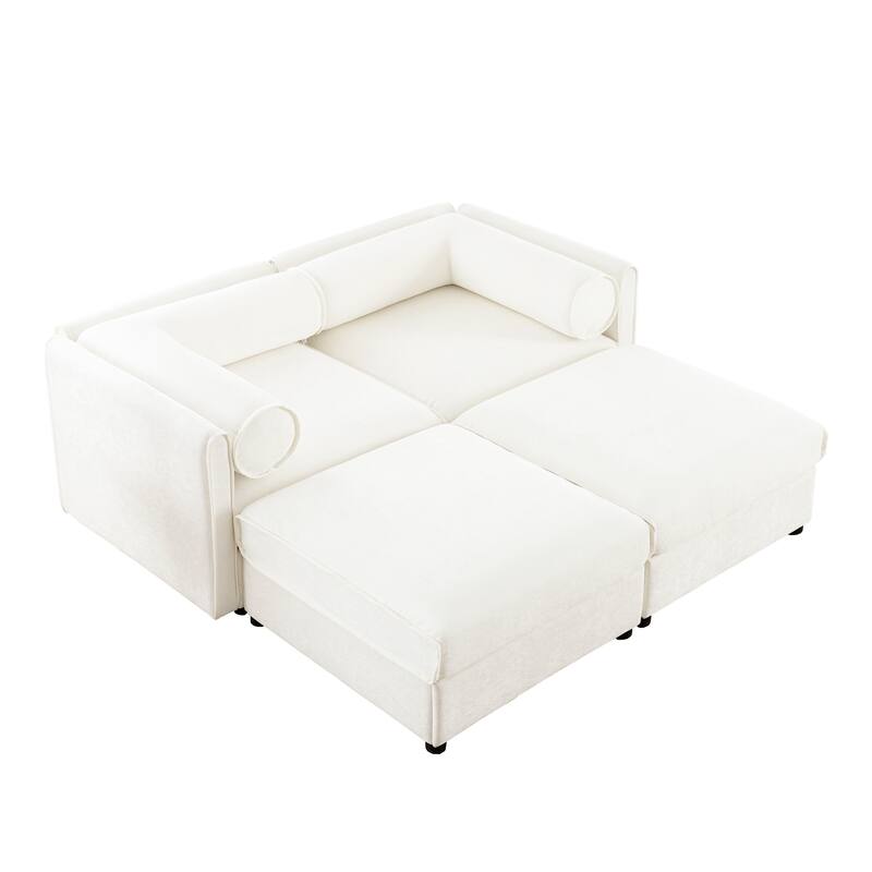 75.5" 2-Seater Chenille Sofa with 2 Ottoman Storage Seats, Cylindrical Backrest and Modular Design