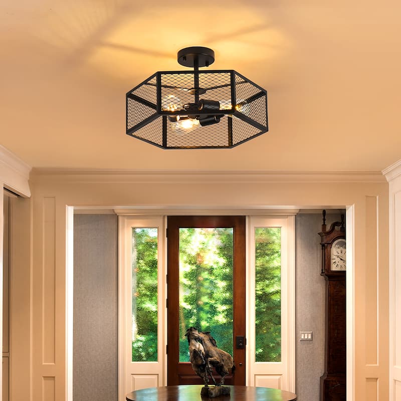 3-Light Farmhouse Drum Black Caged Semi Flush Mount - Matte Black - N/A