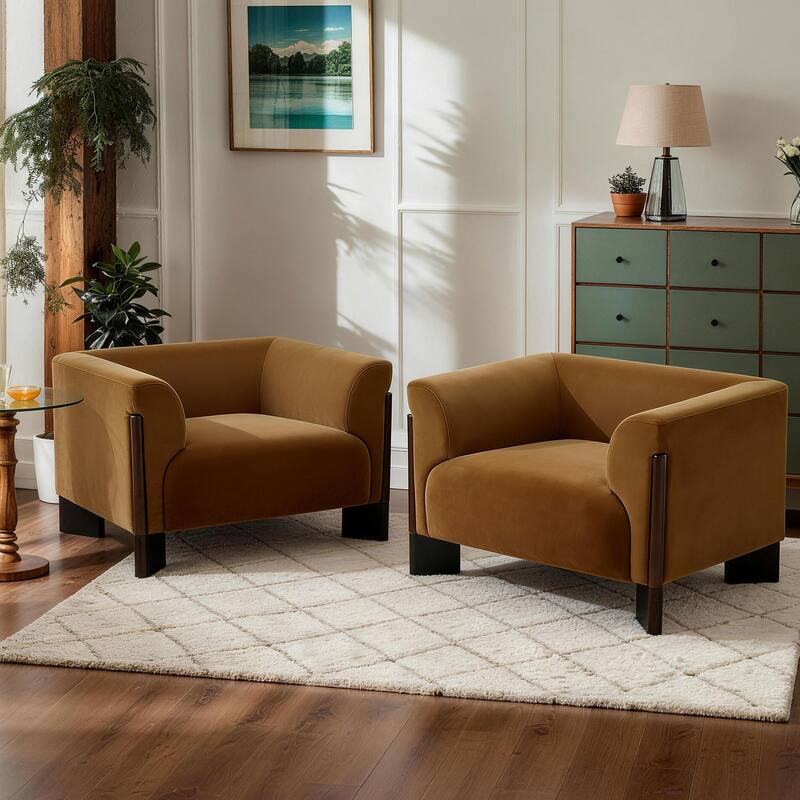 Upholstered Nordic Wide Seat Tuxedo Arms Barrel Chair Set of 2 - Orange-Velvet
