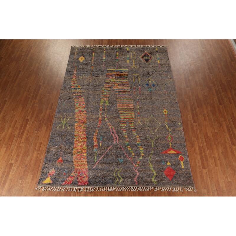 Brown & Blue Moroccan Abstract Area Rug Handmade Wool Carpet - 8'10"x 12'9"