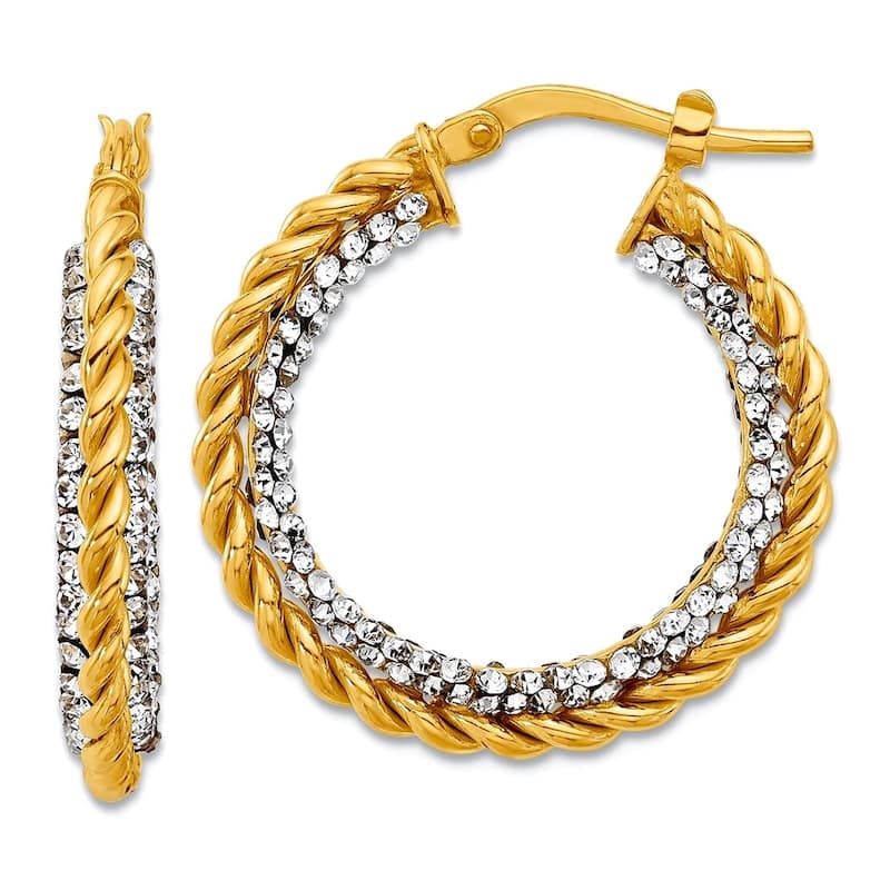 Curata 14k Yellow Gold Italian 3.75mm Elegant Crystal with Braided Hoop Earrings - 15mm or 25mm