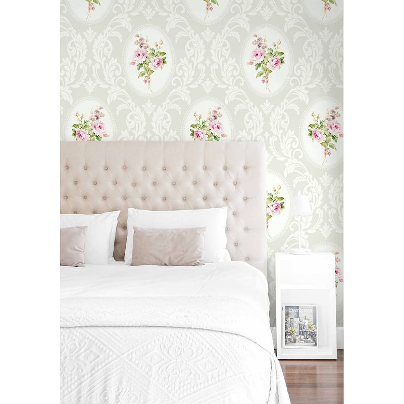Seabrook Designs Francesca Framed Bouquet Damask Unpasted Wallpaper