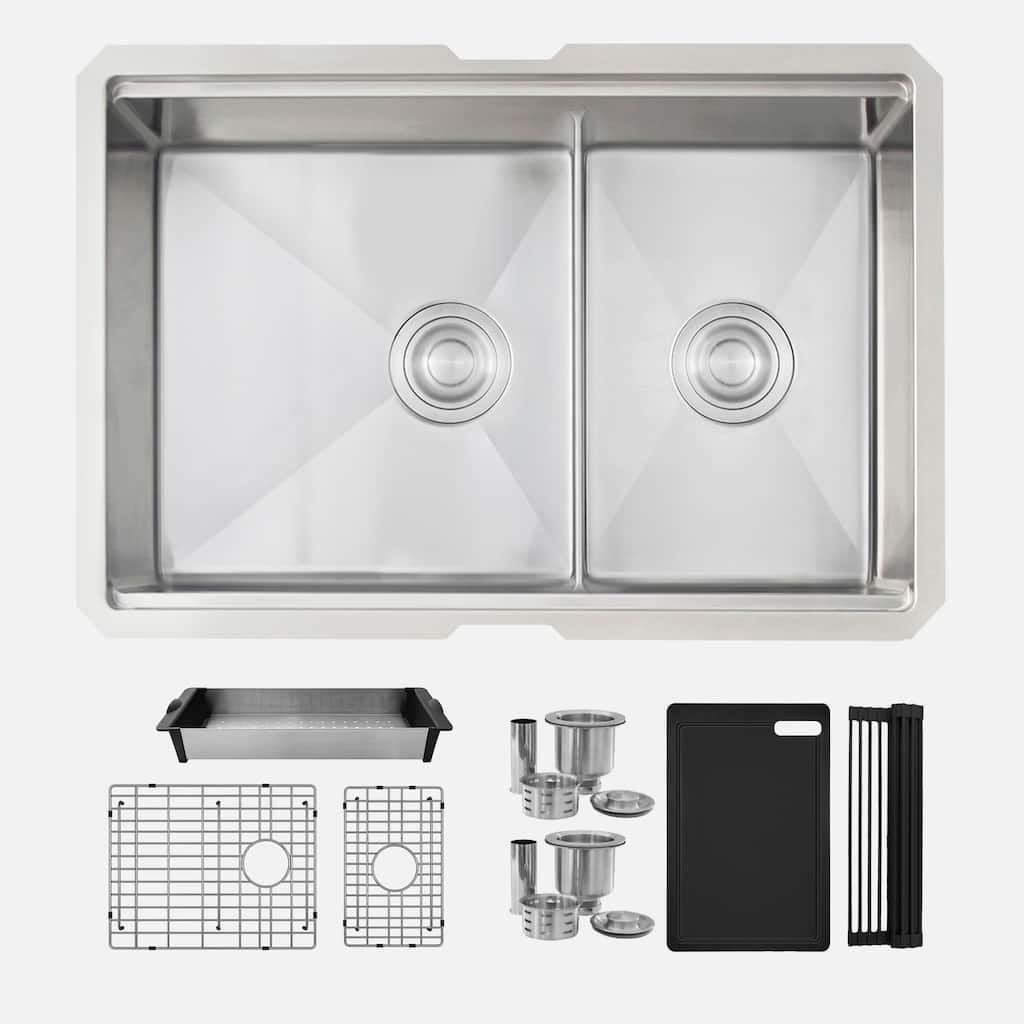 STYLISH 28 inches Workstation 60/40 Double Bowl Undermount 16 Gauge Stainless Steel Kitchen Sink with Accessories included