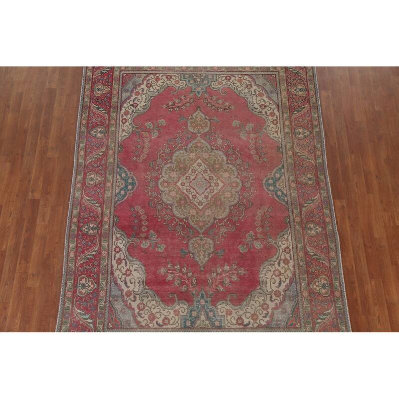 Hand Knotted Oriental 100% Wool Carpet Traditional Medallion Pink Tabriz Area Rug - 9' 6'' X 6' 3''
