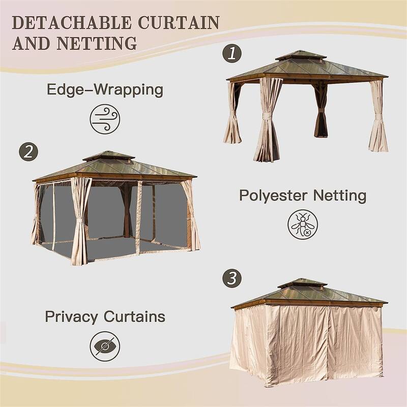 GDFStudio - Everett Permanent Outdoor Gazebo Pavilion with Double Roof and Full Privacy Setup