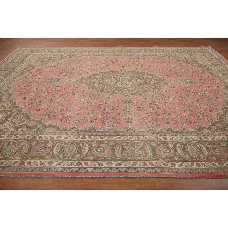 Hand Knotted Oriental 100% Wool Carpet Traditional Floral Pink Mashad Area Rug - 13' 0'' X 9' 7''