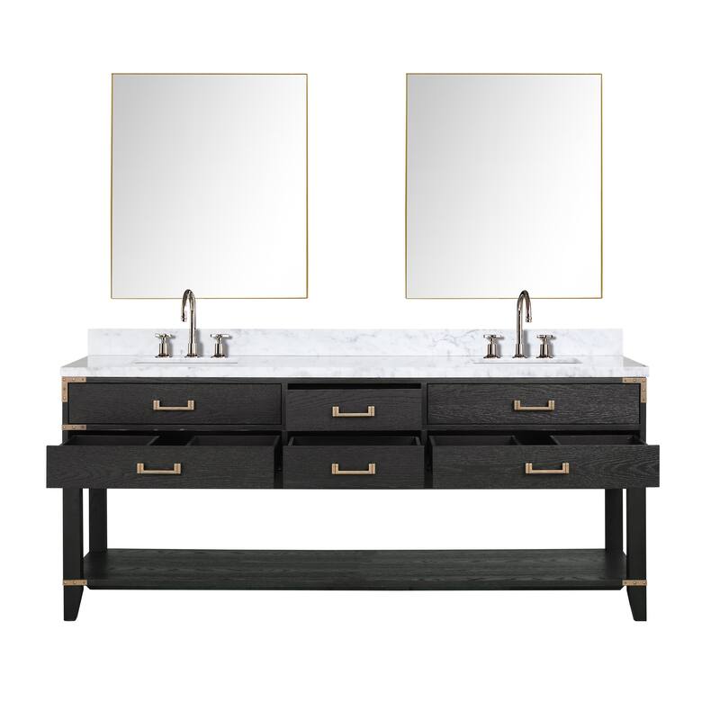 Lexora Norwalk Bath Vanity, Carrara Marble Top, Faucet Set, and Mirror