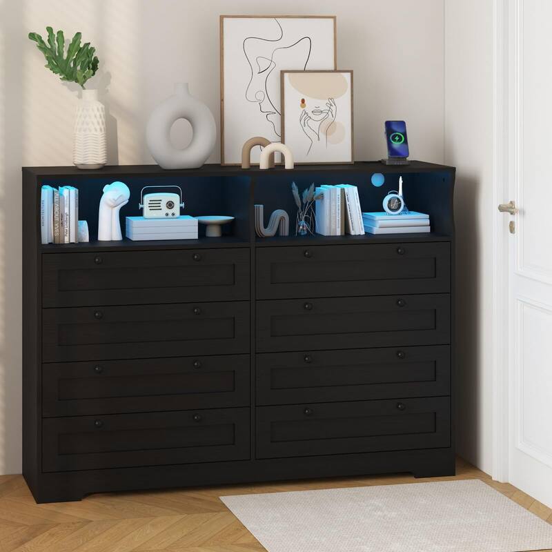 8 Drawers Wooden Dressers for Bedroom Living Room, Hallway, Wood Dressers with Led Lights and Charging Station
