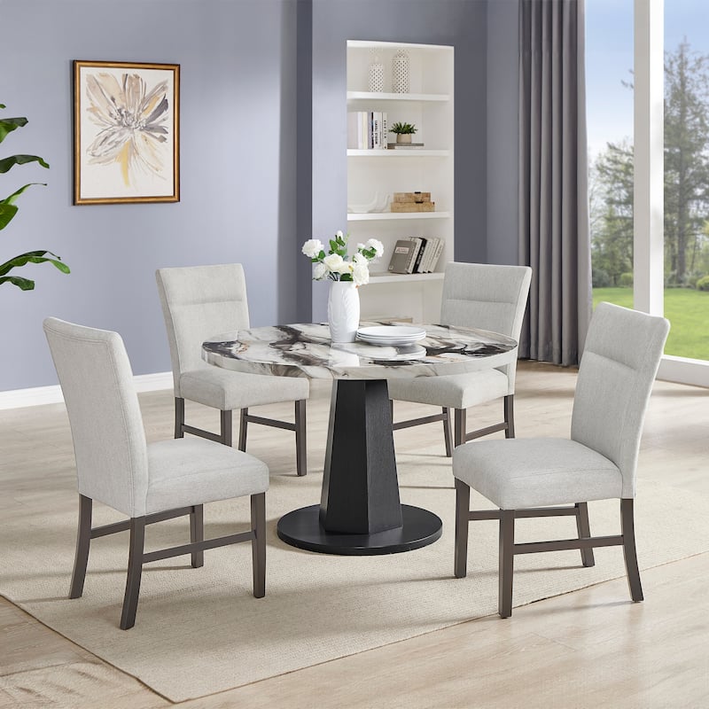 Roundhill Furniture Cavira 5-Piece Modern Dining Set, Round Faux Marble Dining Table with Four Chairs - White Table+4 Grey Chairs