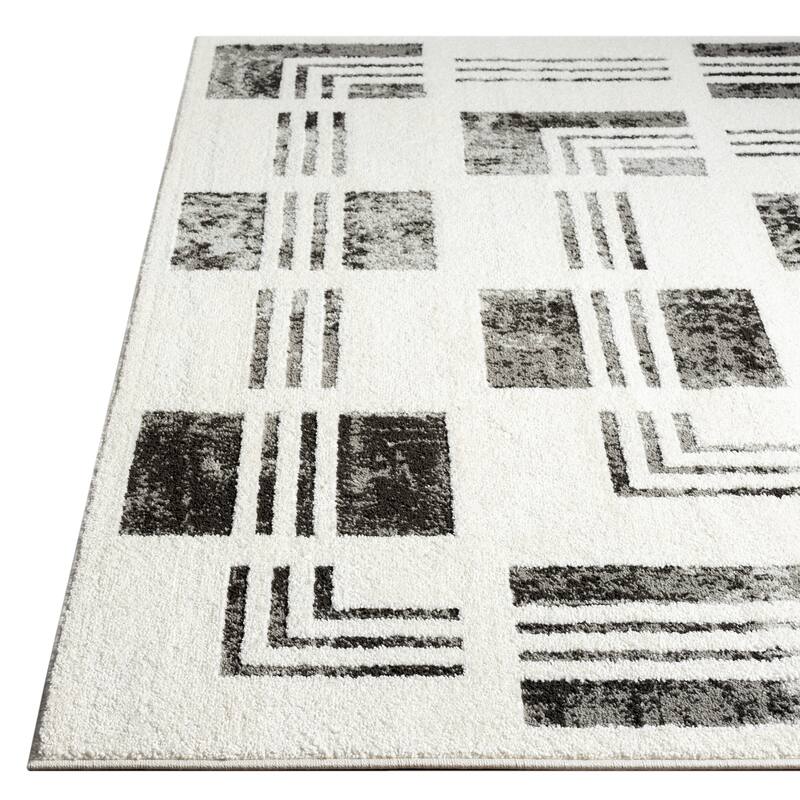 Abani Rugs Nomad Collection NOM140A Cream Grey Checkered Bordered Pattern Geometric Area Rug