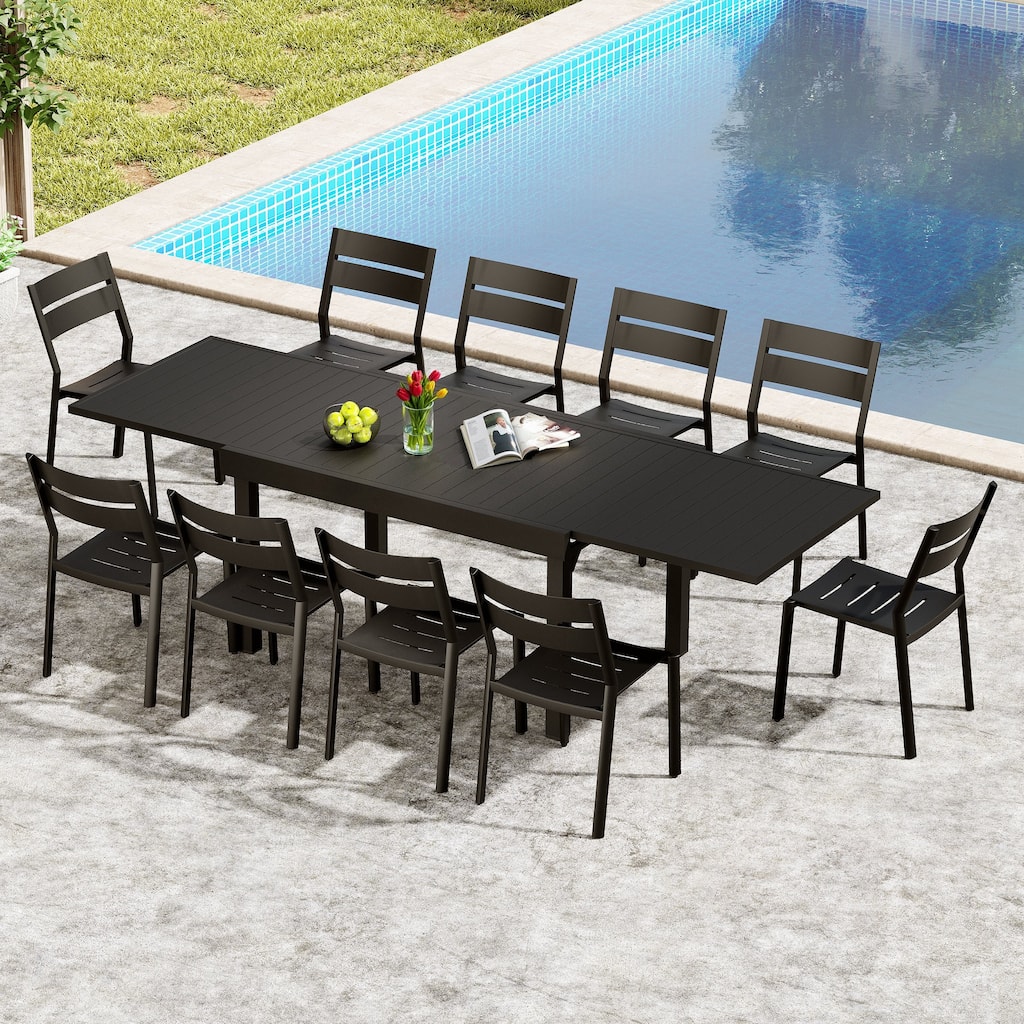 5/7/11-piece Set Outdoor Aluminum Extendable Patio Dining Table with Stackable Chairs