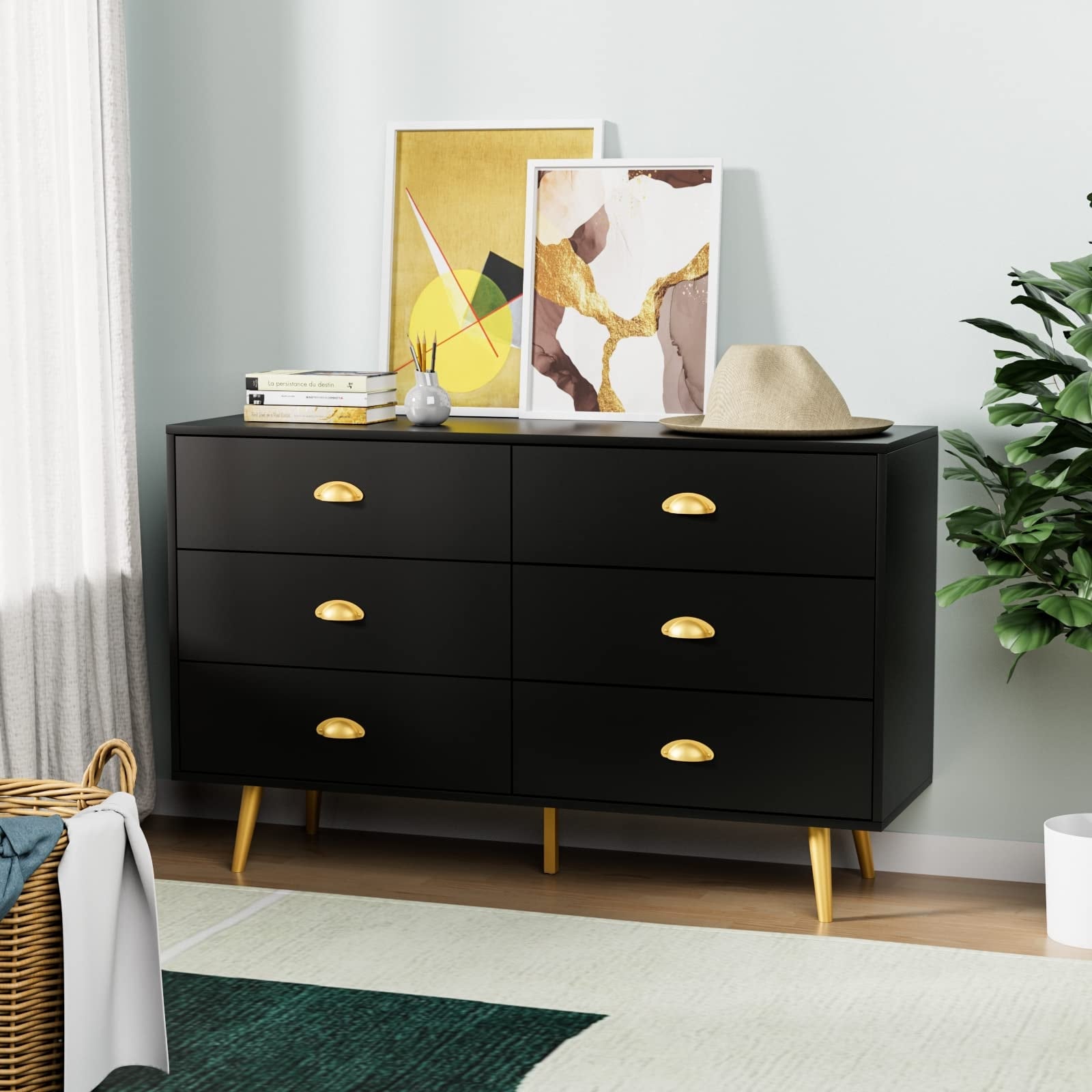 Black Dresser for Bedroom,Modren 6 Drawer Dresser Black and Gold Dresser  Modern Dresser & chests of Drawers - Bed Bath & Beyond - 38190473