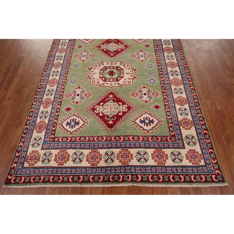 Green Geometric Kazak Area Rug Hand-Knotted Wool Carpet - 4'10" x 6'8"