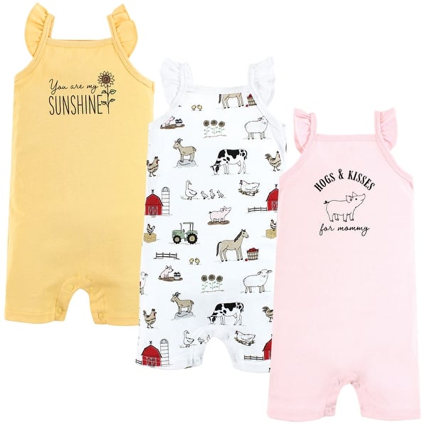 slide 1 of 1, Hudson Baby Infant Girl Cotton Rompers, Hogs And Kisses 0 - 3 Months - Yellow/Pink