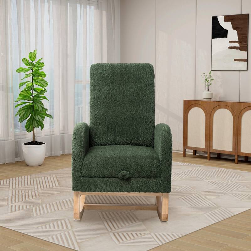 Nursery Rocking Chair, High Back Glider with Retractable Footrest, Side Pocket, Rubberwood Legs for Living Room, Bedroom