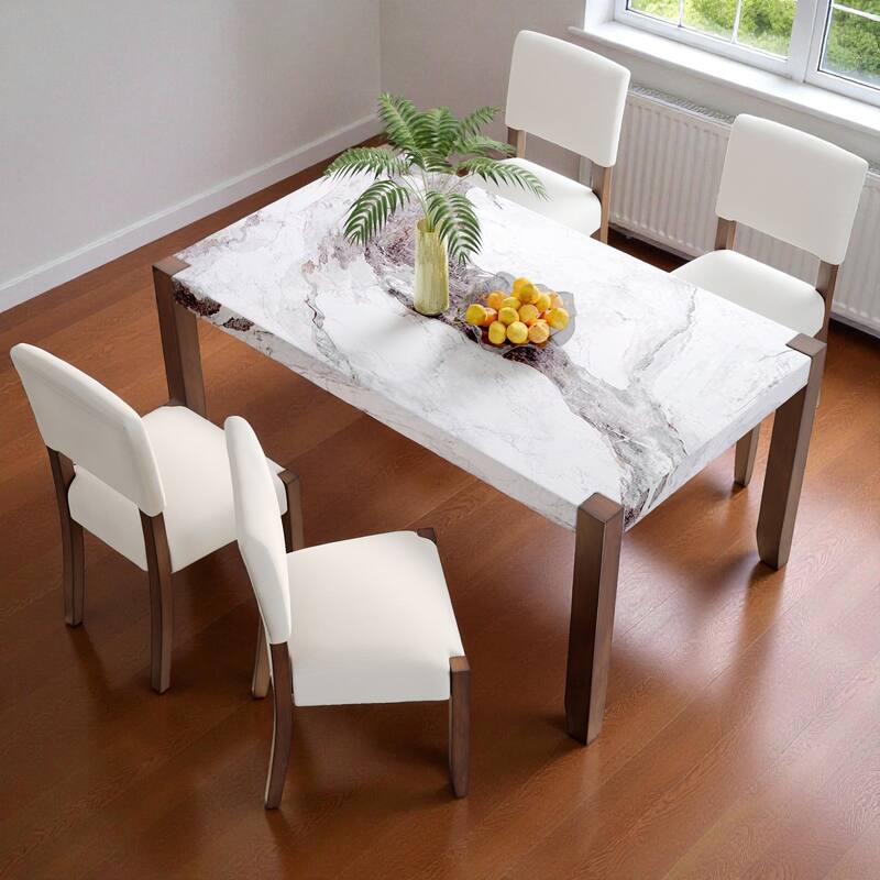 5-Piece 46" Faux Marble Dining Table Set with 4 Upholstered Chairs, Modern Rubberwood Dinette Set for Kitchen or Dining Room - Beige Brown