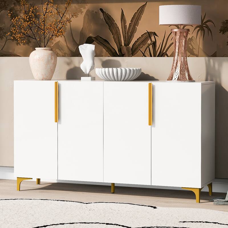 55" Sideboard Storage Cabinet with Adjustable Shelves, Glossy Finish - White