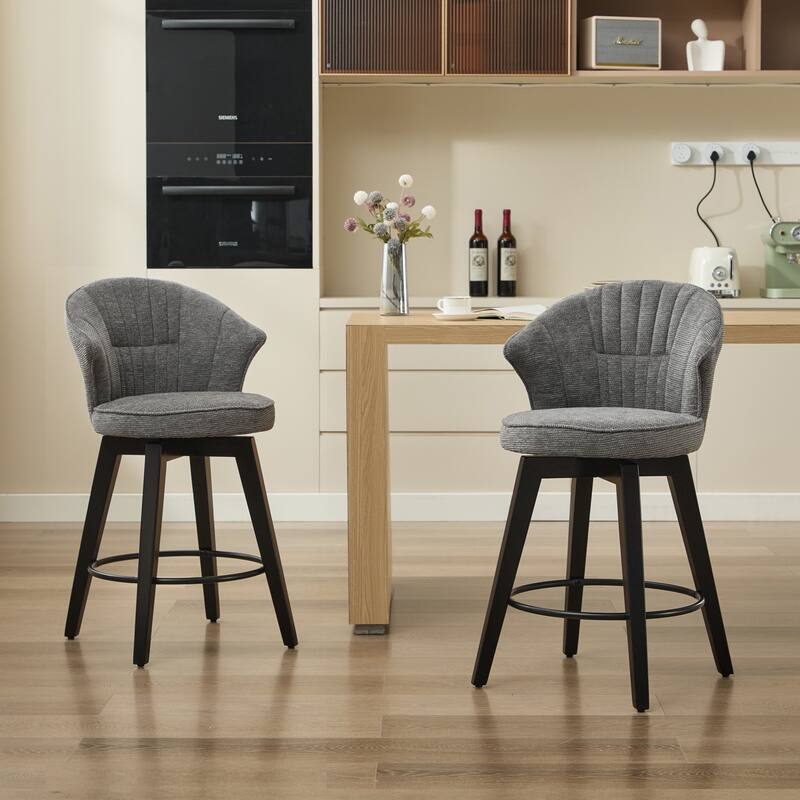 Set of 2 Chenille Upholstered Swivel Bar Stools with Solid Wood Legs and Wing Back