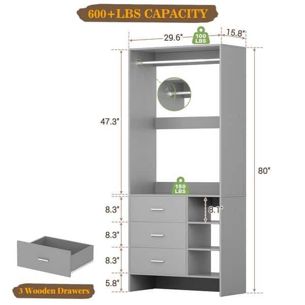 dimension image slide 6 of 19, Cimly Set of 3 Freestanding Corner Closet System, Space-saving Closet Organizer for Walk-in/ Reach-in Closet