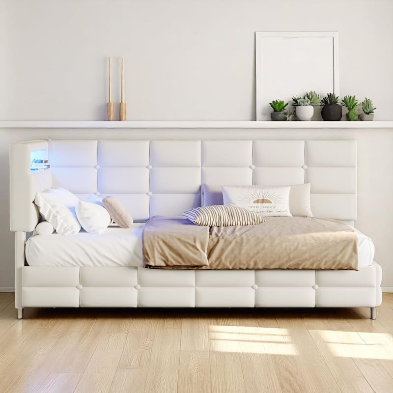 Modern Twin Daybed with Built-in Charging Station, LED Headboard Lights, and Storage Drawers - Beige - Twin