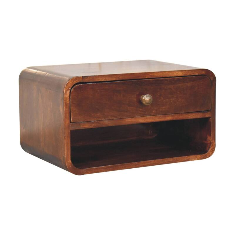 Solid Wood Curved Wall-Mounted Bedside Table with Drawer and Open Shelf in California Walnut