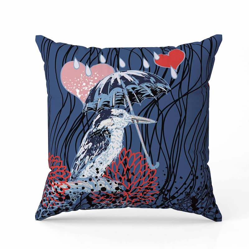 Bird with Umbrella Faux Suede Reversible Throw Pillow Blue and Red